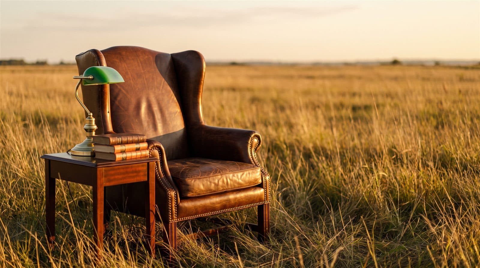 A leather armchair and reading table standing outdoors in an open field
